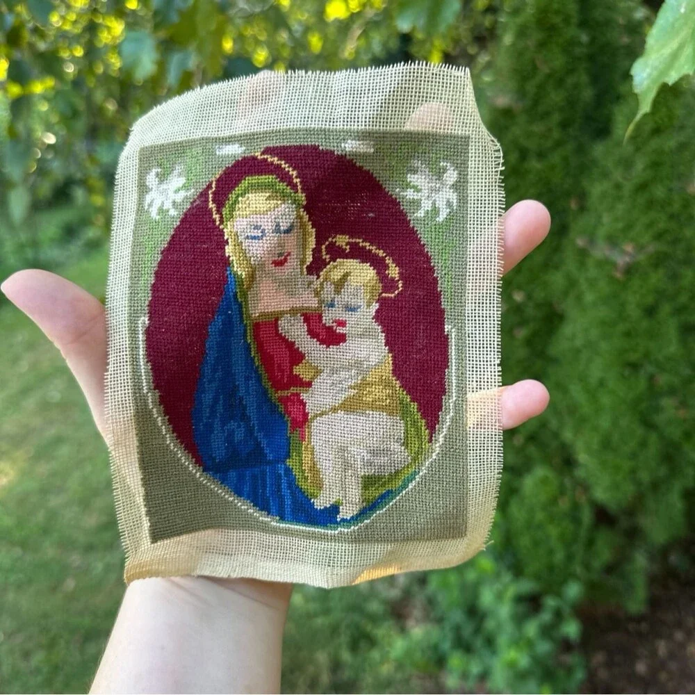 Vintage Unframed Hand-Stitched Needlepoint Virgin Mary Madonna & Child